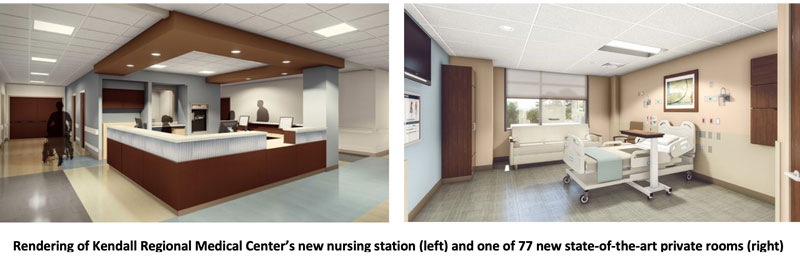 Rendering of Kendall Regional Medical Center’s new nursing station and one of 77 new state-of-the-art private rooms 